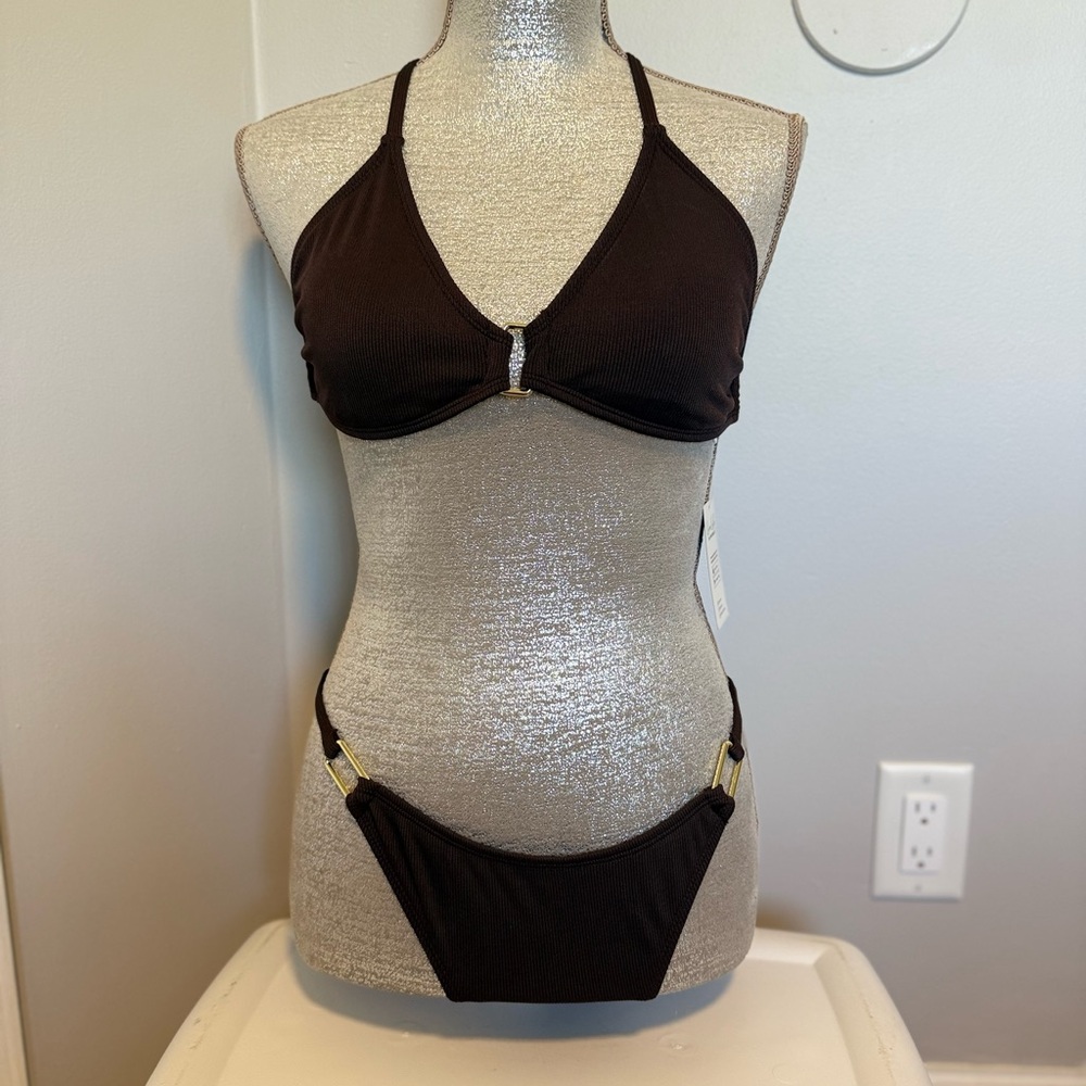 Cupshe Black and Brown Bikini with Gold Details